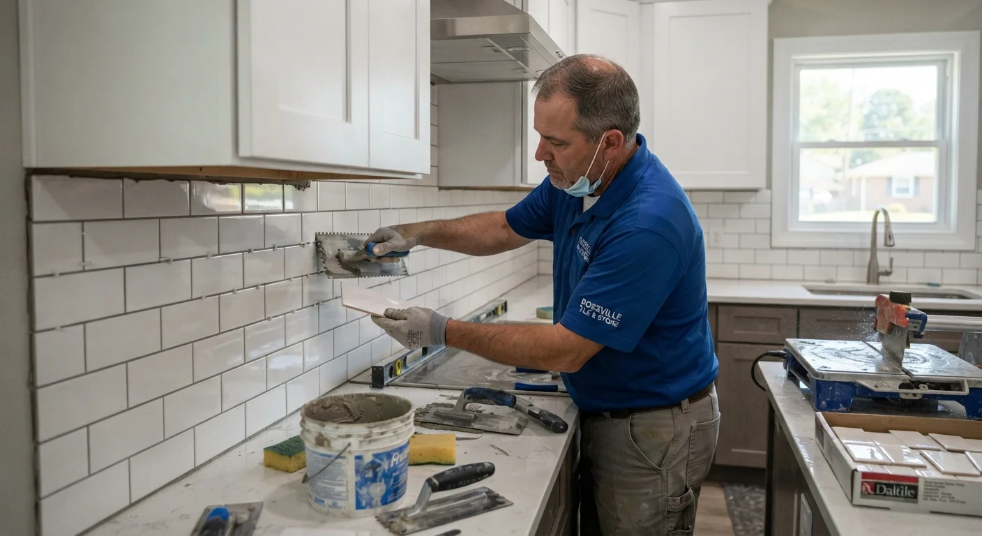 A newly tiled kitchen backsplash showing detailed tile alignment and clean grout lines.