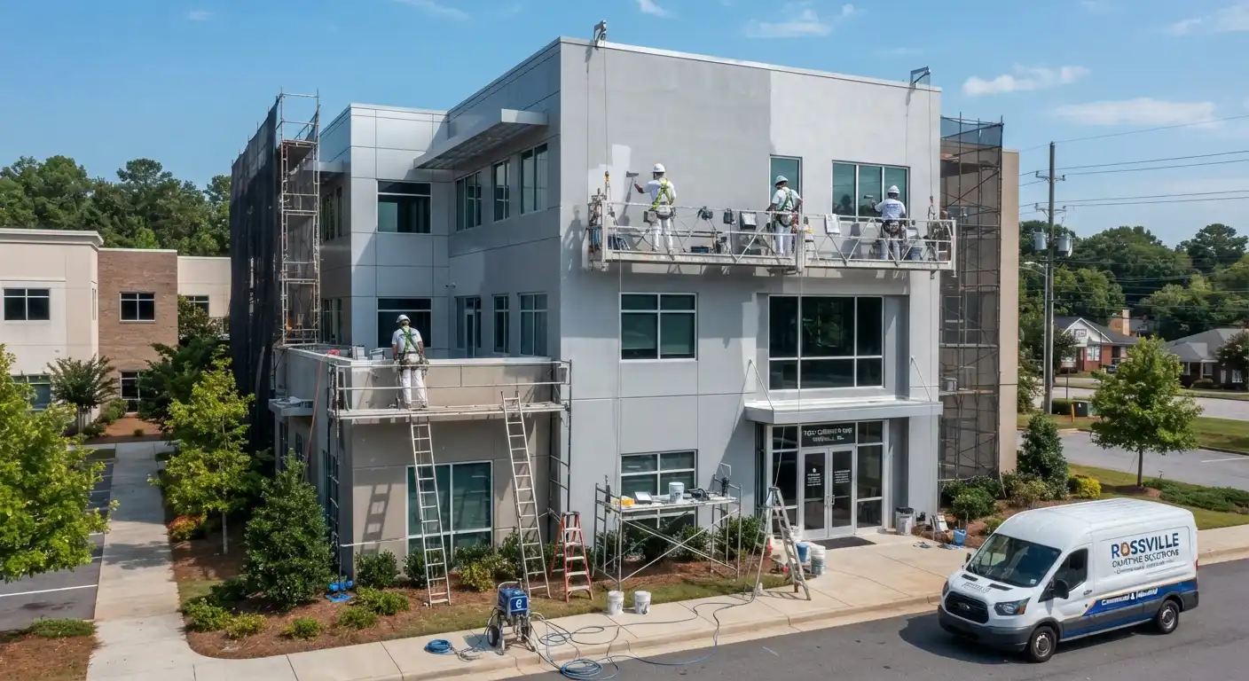 Exterior view of commercial buildings receiving professional painting work.