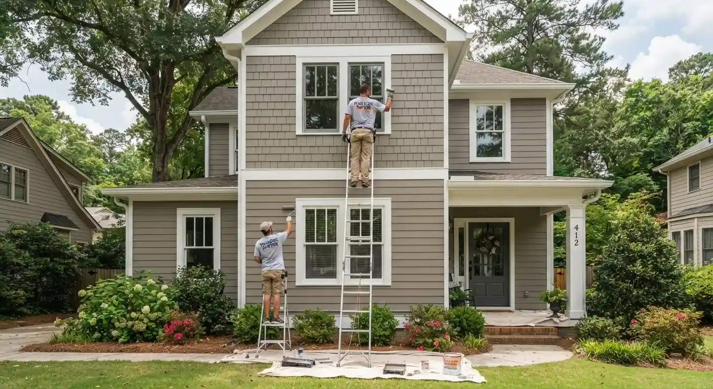 Two exterior walls of a residential house painted during an exterior painting project.