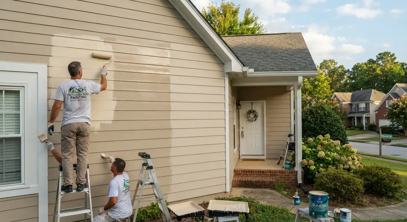 Outdoor walls being coated during exterior painting services