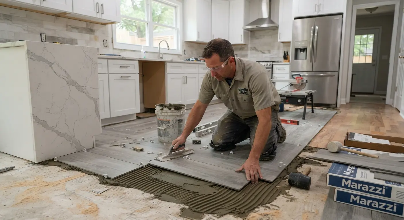 Tiled flooring and interior surfaces shown during a professional home improvement project.