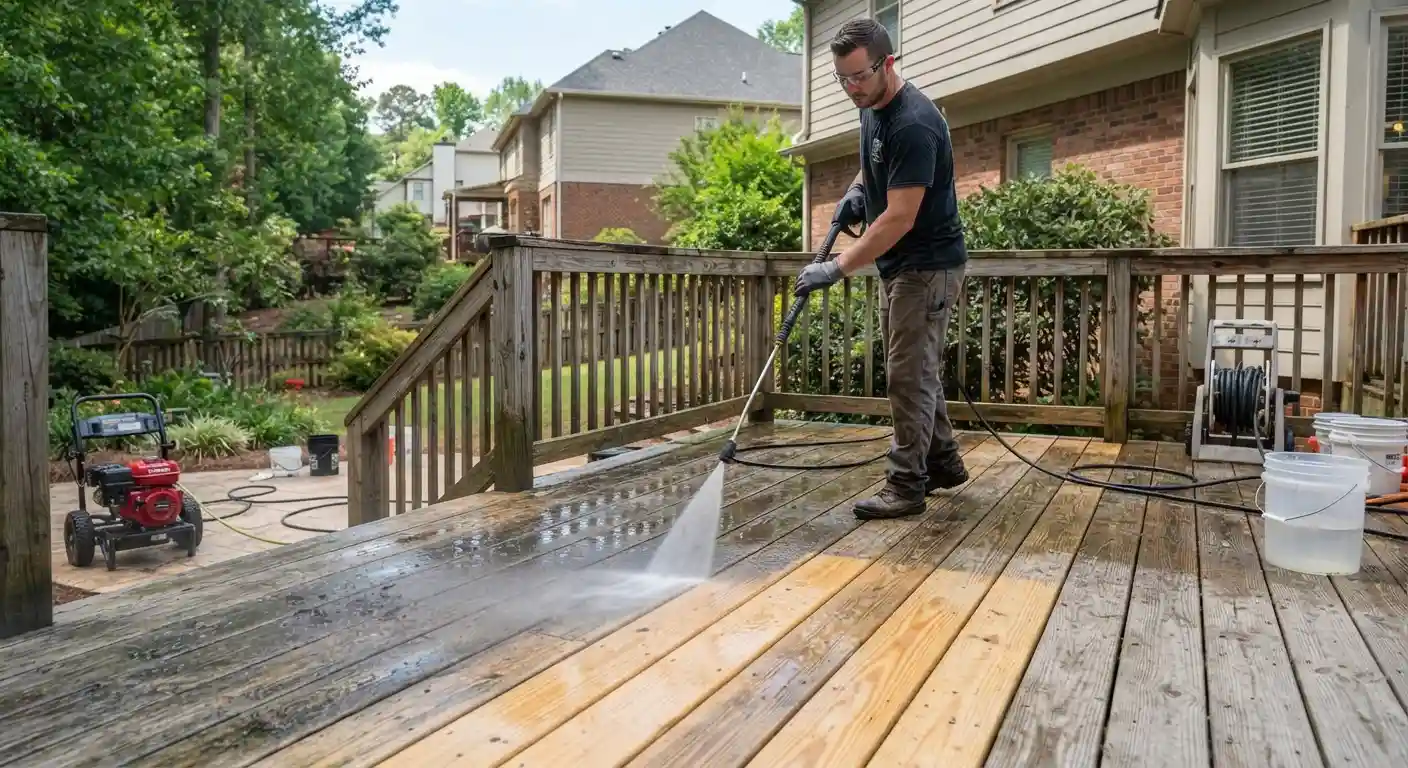 Outdoor wooden deck surface prepared for cleaning and maintenance.