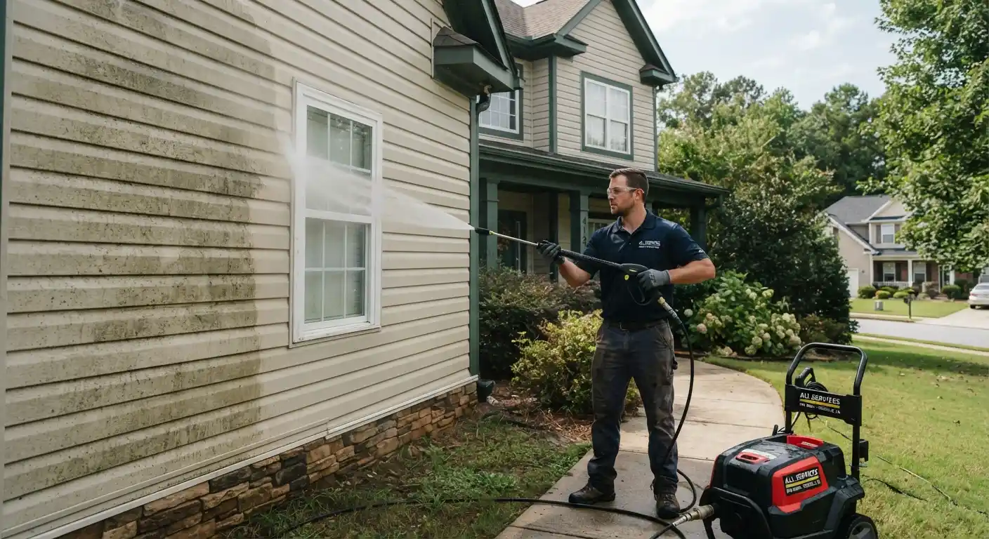 Exterior view of a home undergoing power washing preparation.
