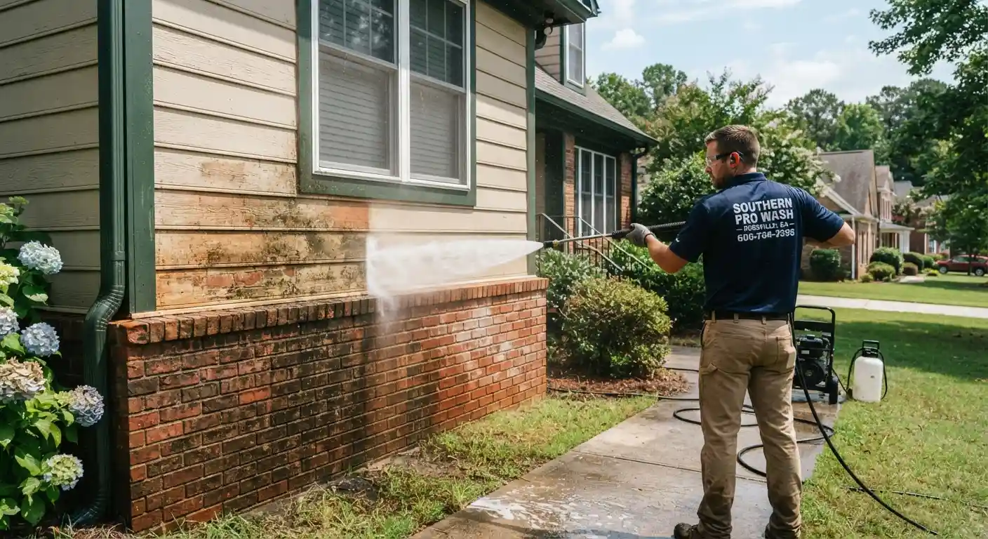 A technician performing power washing on exterior siding.