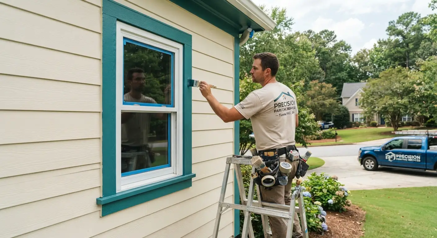 Exterior view of a residential home with fresh paint and clean trim work.