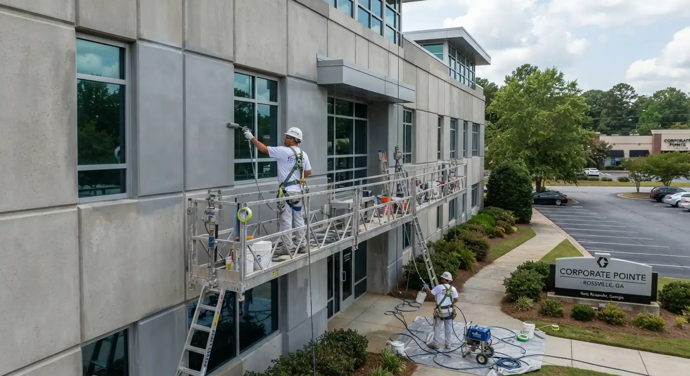 Exterior view of commercial property buildings requiring professional coating services.